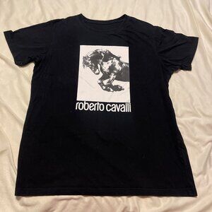 Roberto Cavalli Shirt Mens XXL Runs Small Black Tshirt Horse Italian Crew Neck